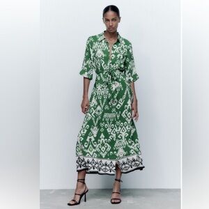 Zara Belted Green Print Midi Dress size M